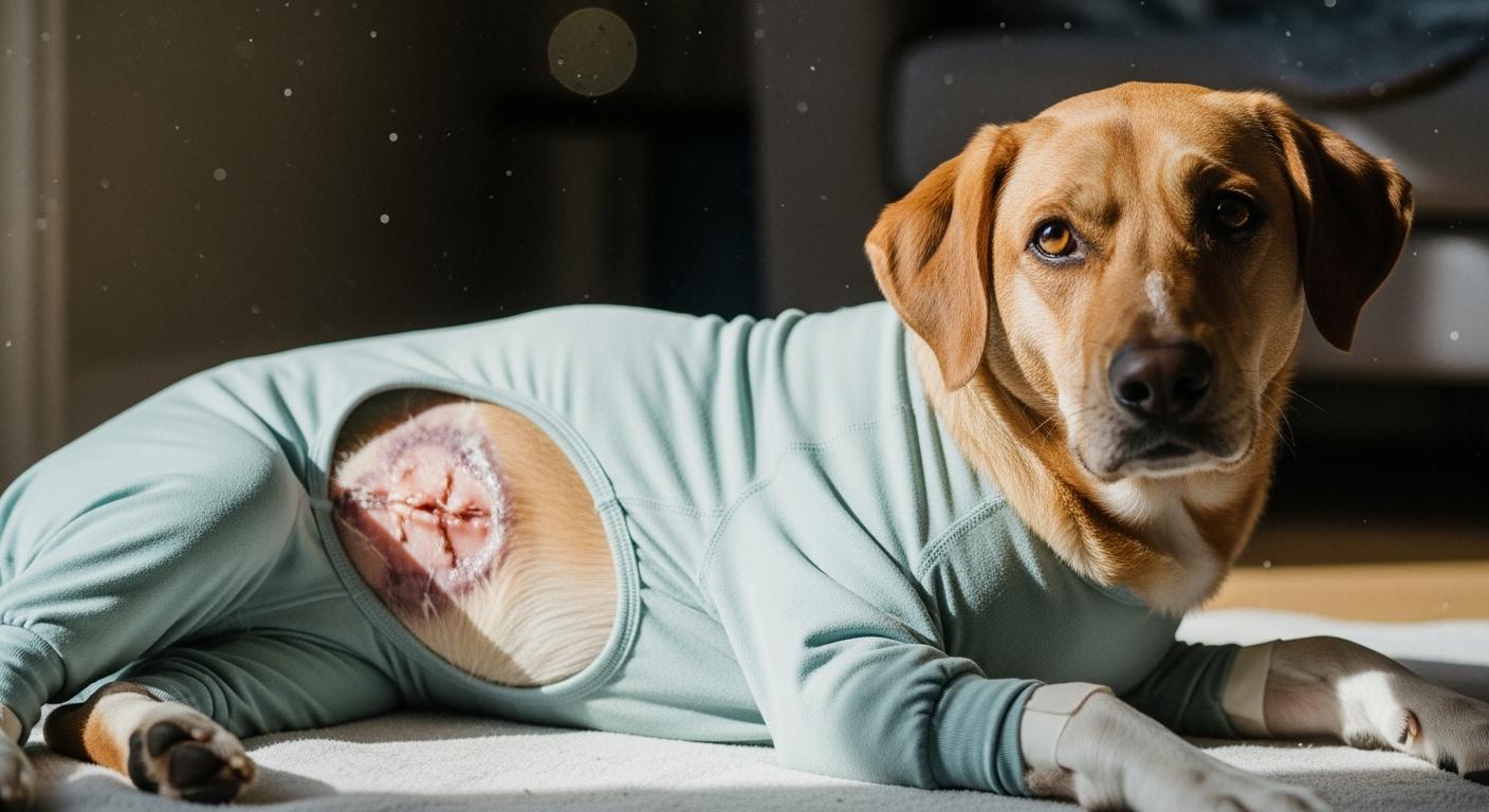 Dog wearing recovery suit with belly wound coverage