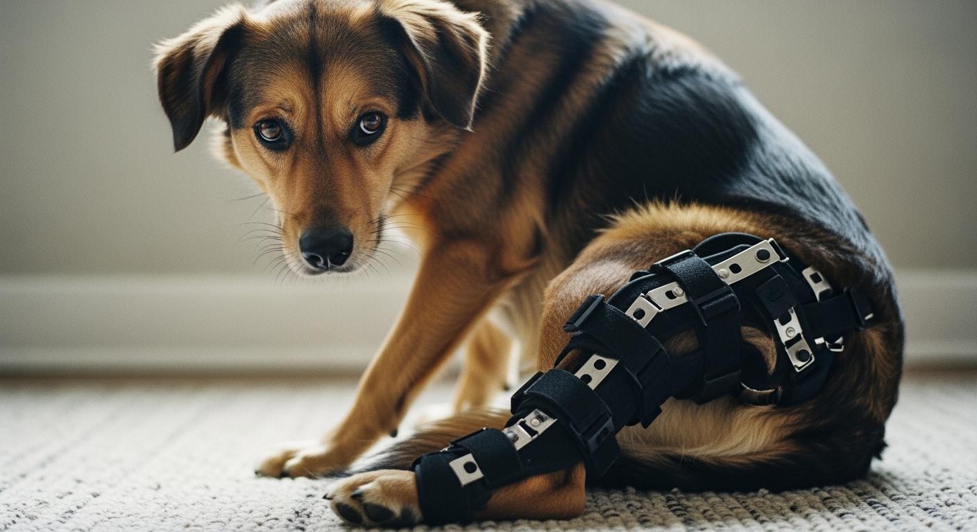 Dog wearing a back leg brace with liner and strap system visible