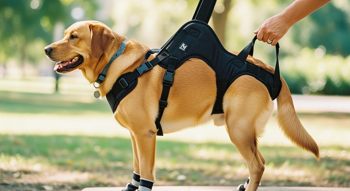 Dog using a rear support sling during assisted indoor walking