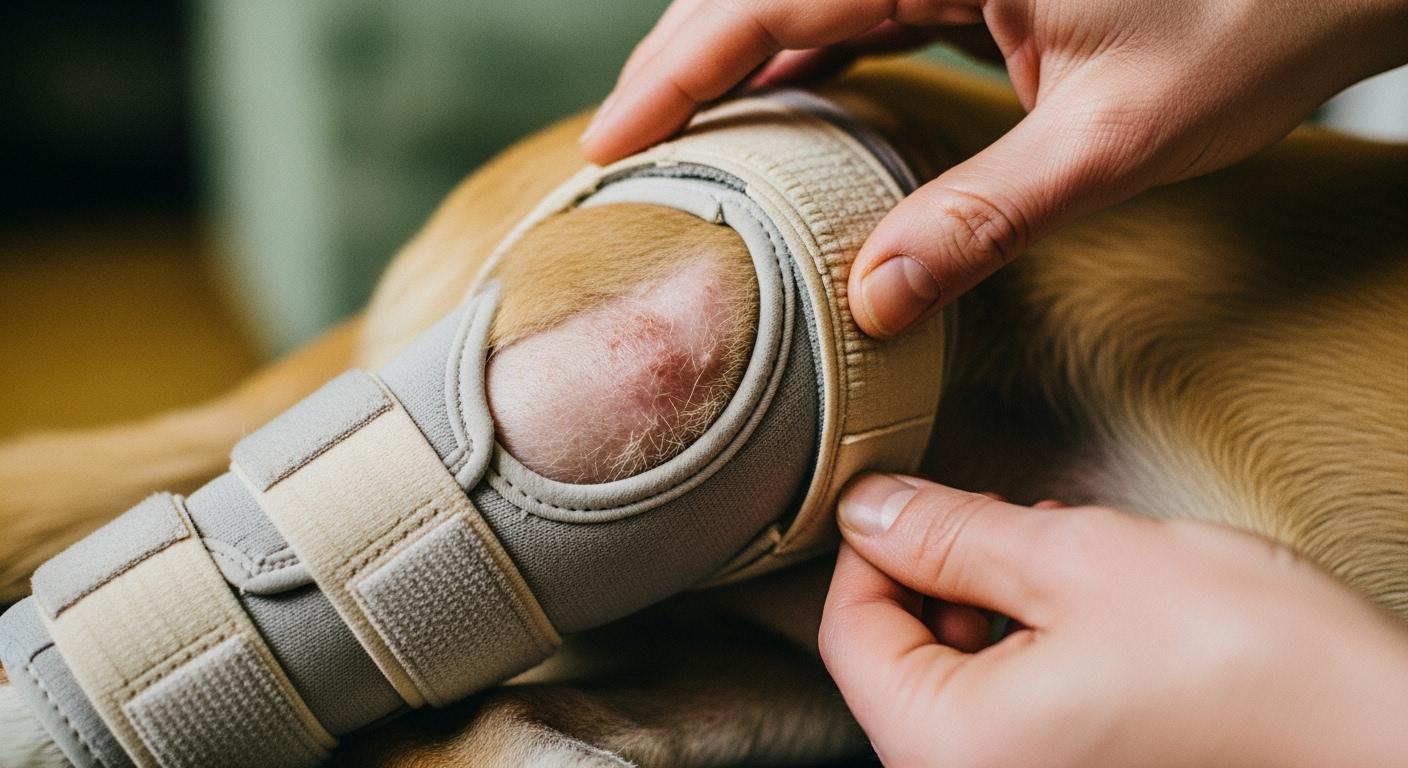 Dog leg brace positioned on a shaved post-surgical leg