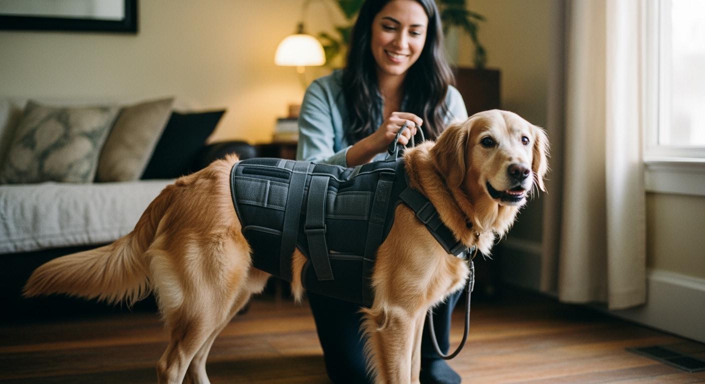 Senior dog walking with back sag and stiff gait
