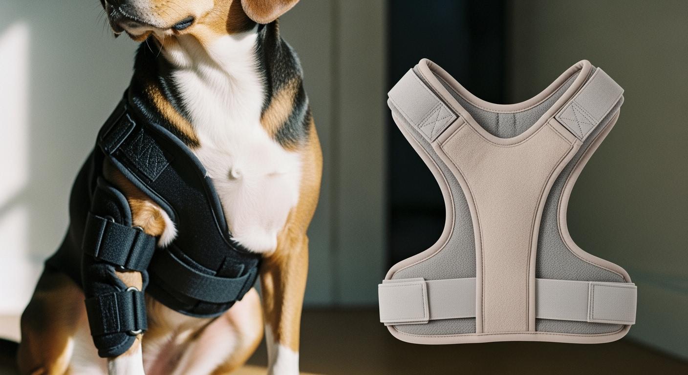 Dog wearing an elbow brace with visible chest anchor