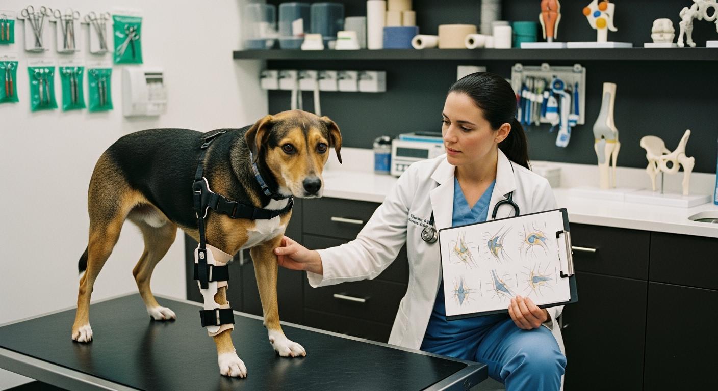Dog wearing a knee brace during rehabilitation