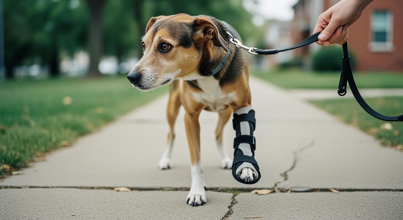 Dog wearing a toe-lifting brace during a short walk on flat ground