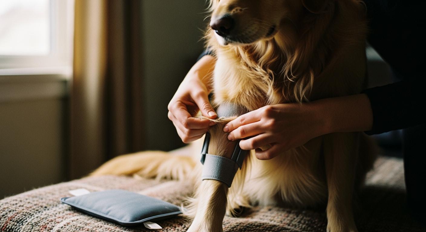 Dog leg with knee brace and heat pack