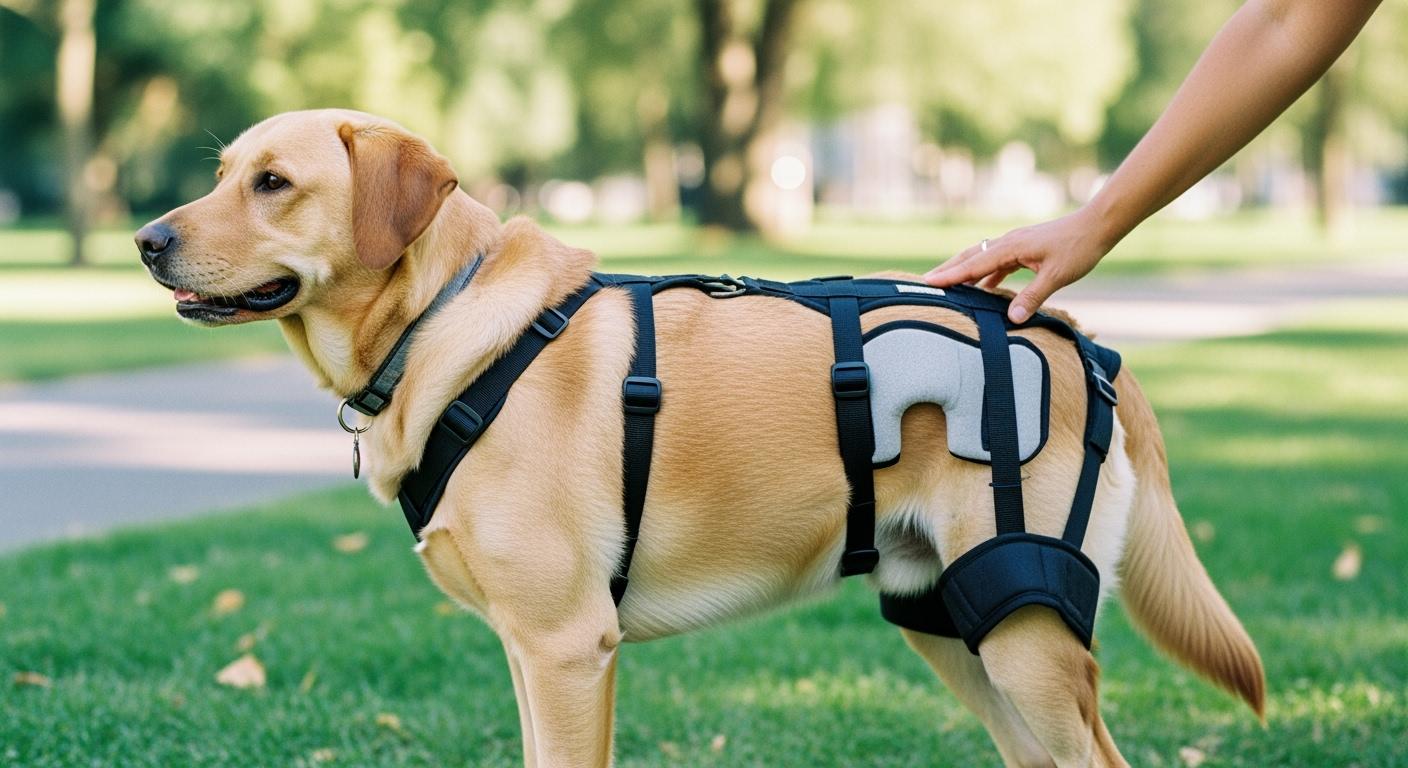 Dog rear harness with potty opening visible from side angle