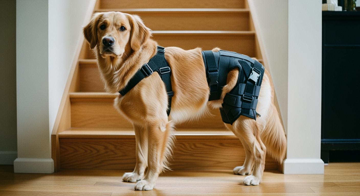 Dog wearing a hip support brace during standing movement