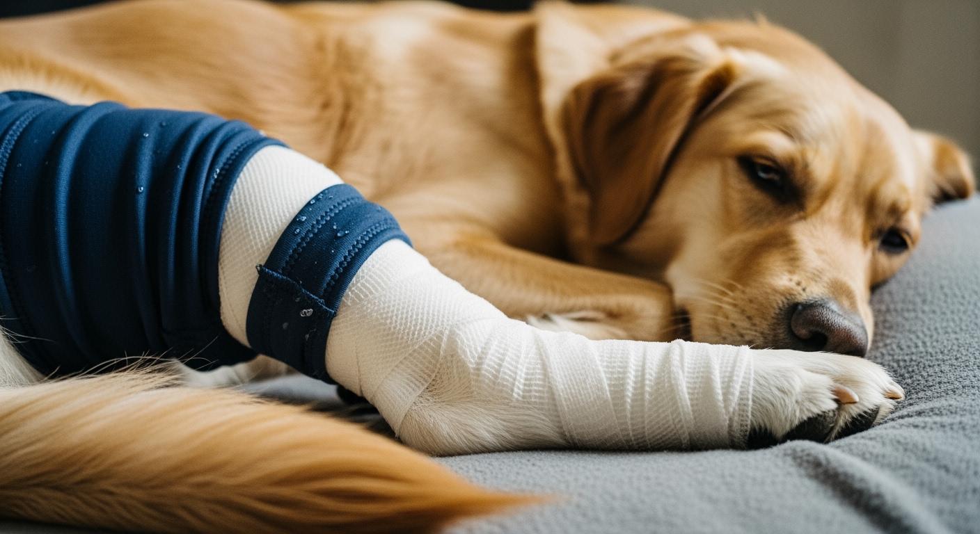 Dog hind leg with bandage and recovery sleeve coverage