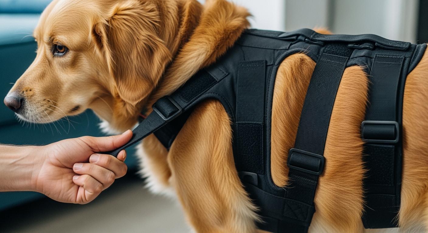 Dog wearing a back brace with shoulder strap positioned across the chest