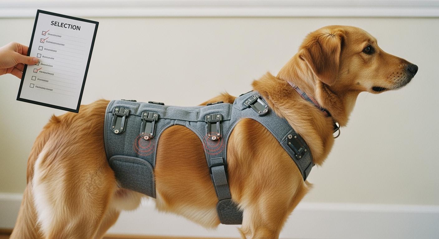 Dog wearing a back brace during supervised movement check