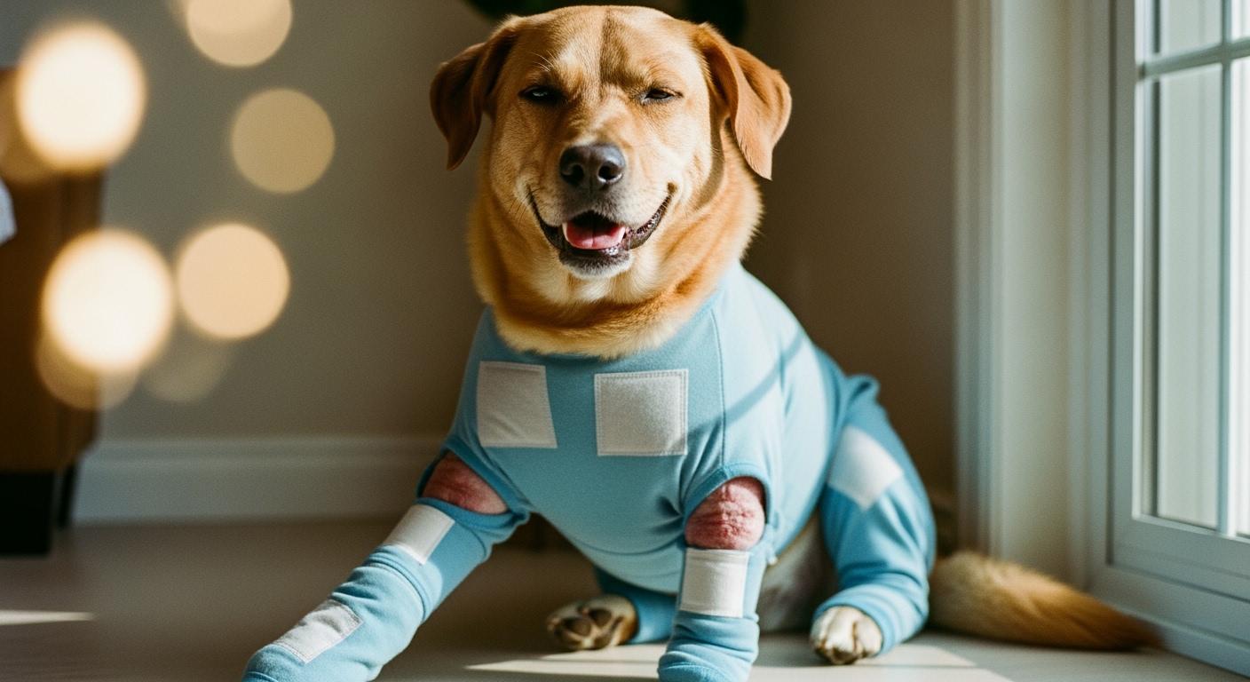 Dog wearing a four-leg recovery suit standing indoors