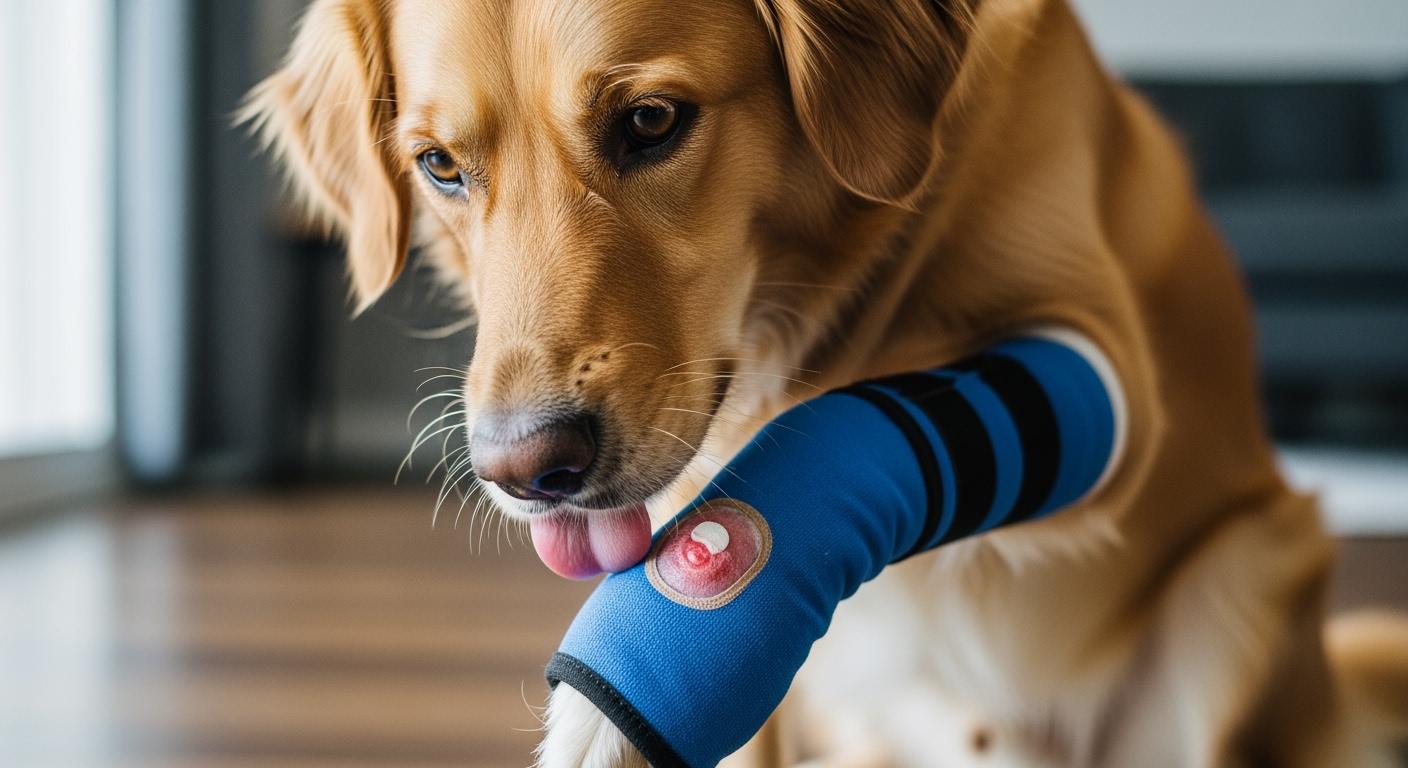 Dog wearing a protective lick sleeve on hind leg