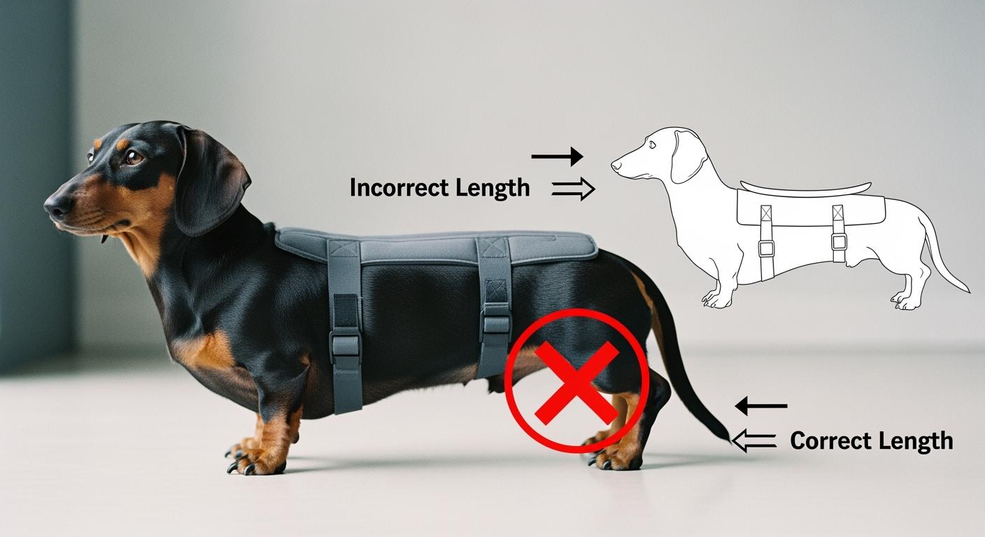 Short-torso dog wearing a back brace with panel extending past hip zone