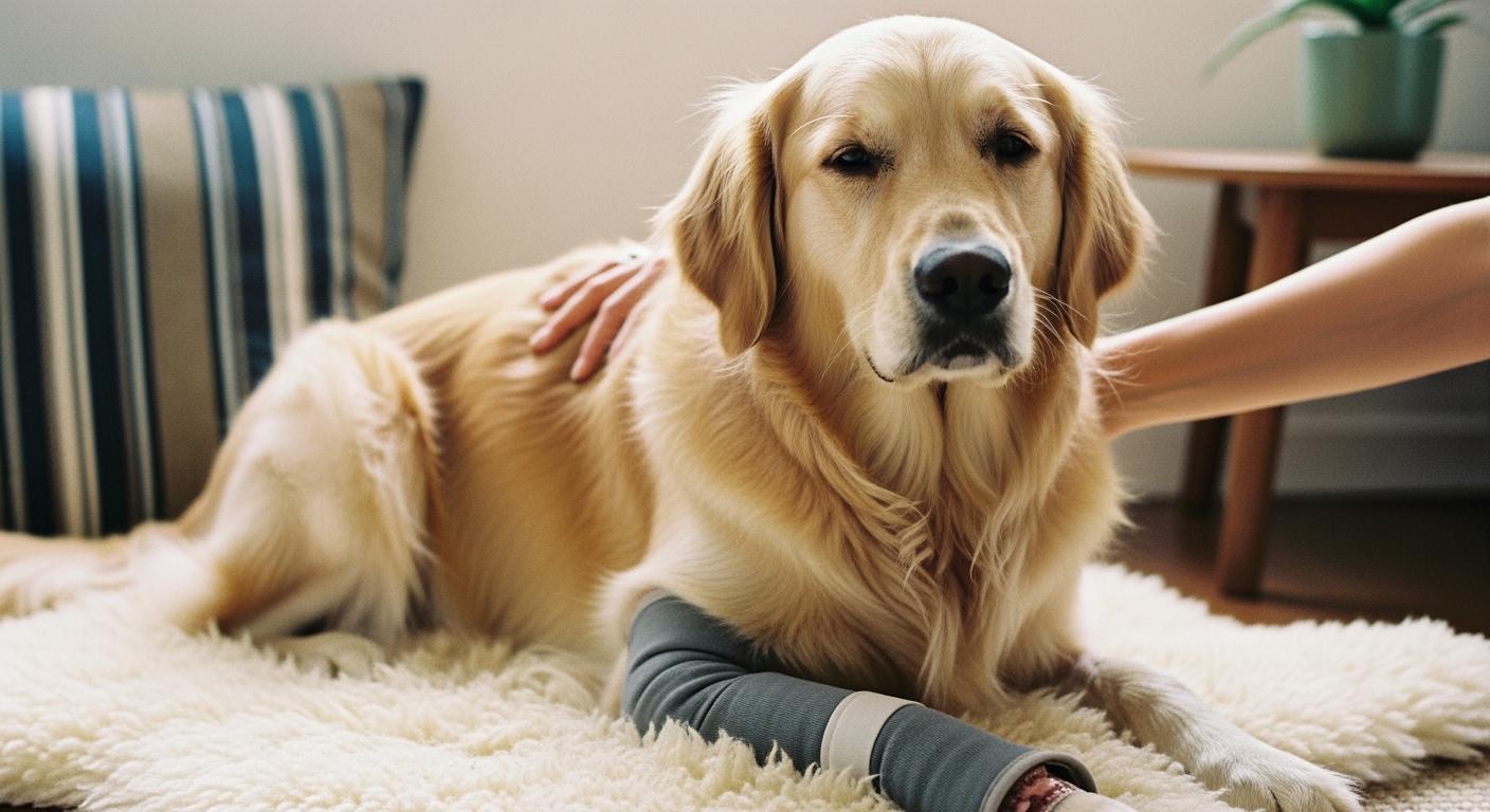 Dog recovering after surgery, the use case for a lick sleeve for dogs