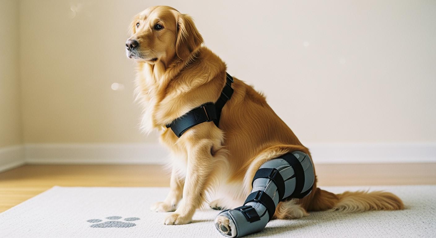 Dog with rear leg brace showing upper thigh support positioning
