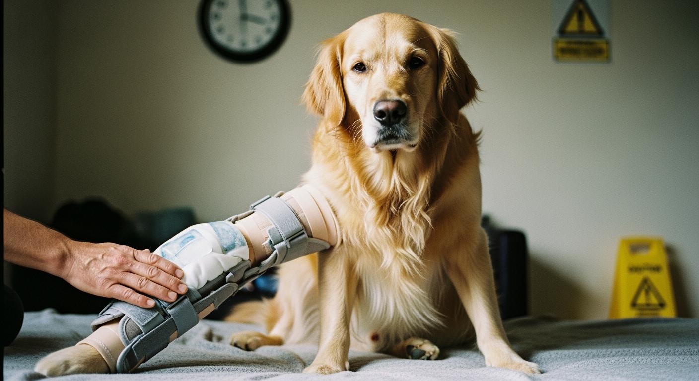 Dog wearing a knee brace during supervised cold therapy session at rest
