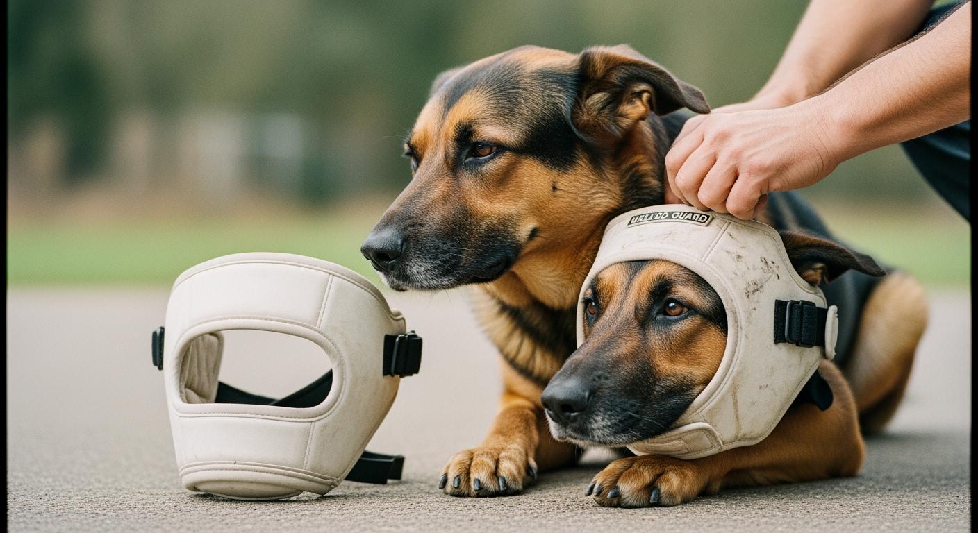 Dog wearing a field guard head protector outdoors