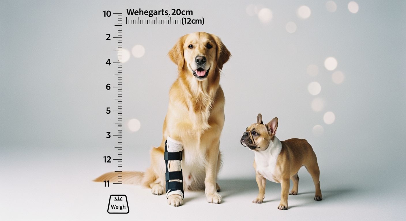 Two dogs of different sizes beside a dog leg brace sizing graphic