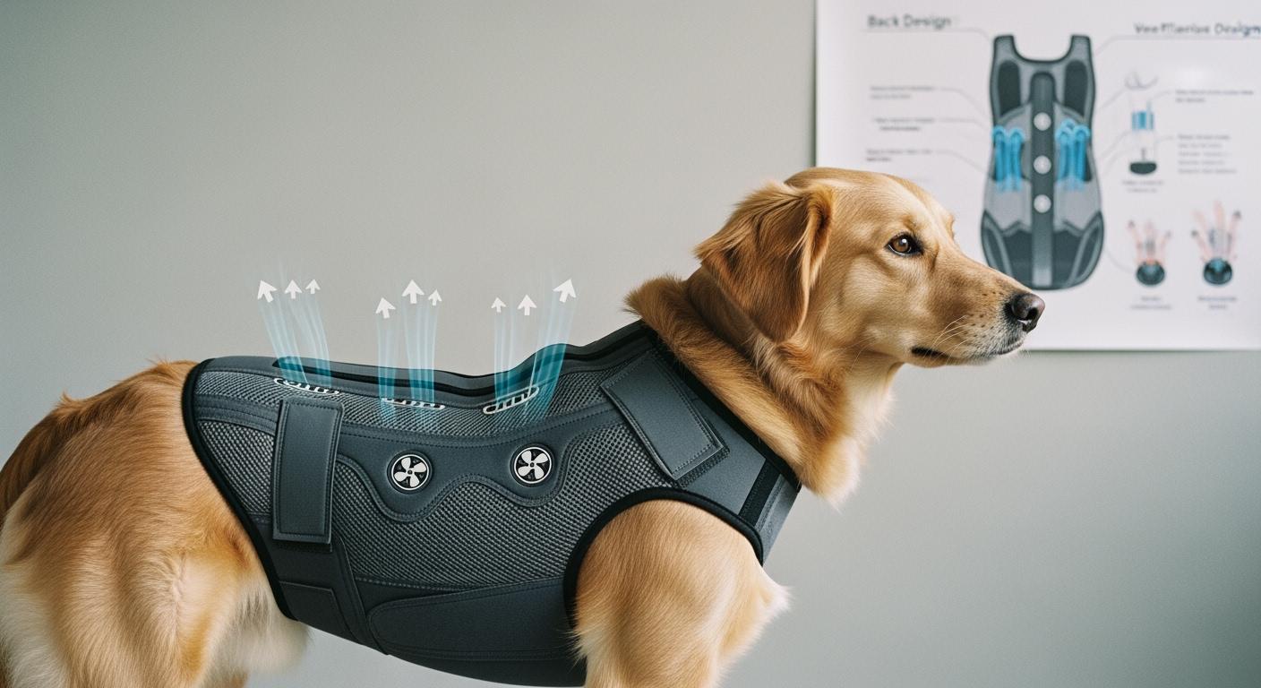 Dog wearing a back brace during a walk