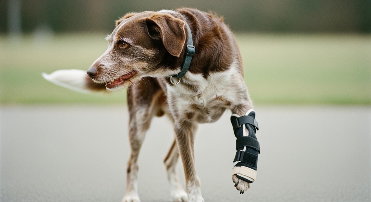 Dog wearing a carpal brace while turning