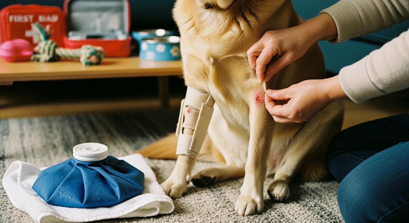 Dog leg with knee brace showing skin area to inspect after cold pack removal