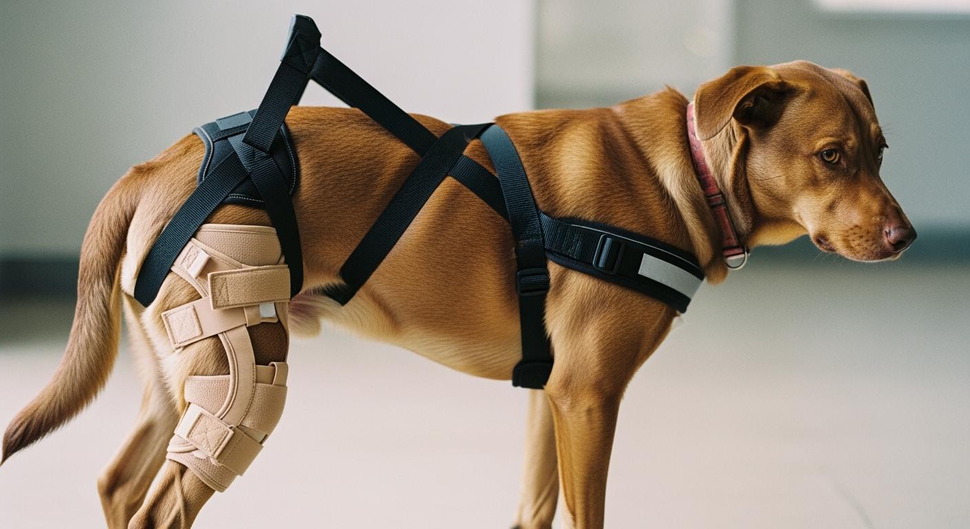 Dog wearing knee brace and rear lift harness in a standing position