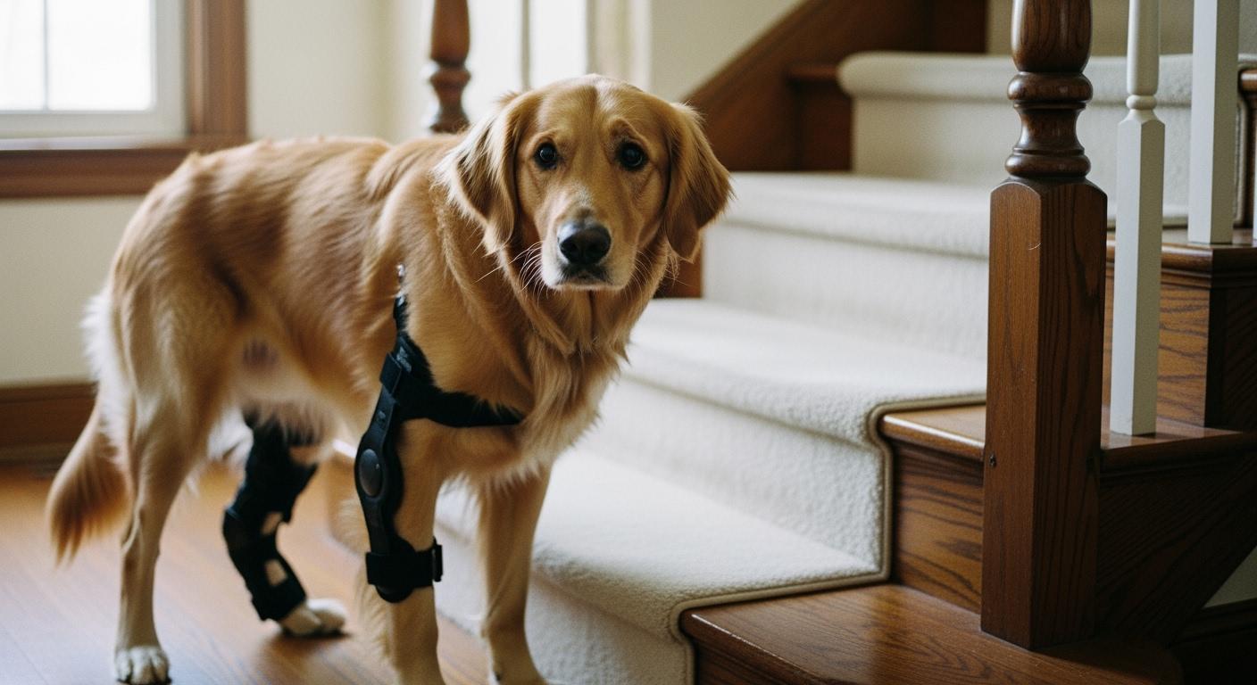 Dog wearing a hind leg knee brace during movement evaluation