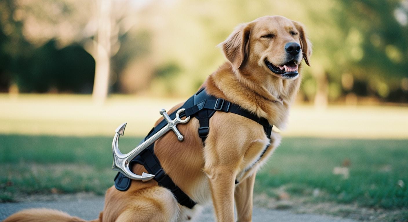 Dog standing with a back brace positioned along the spine
