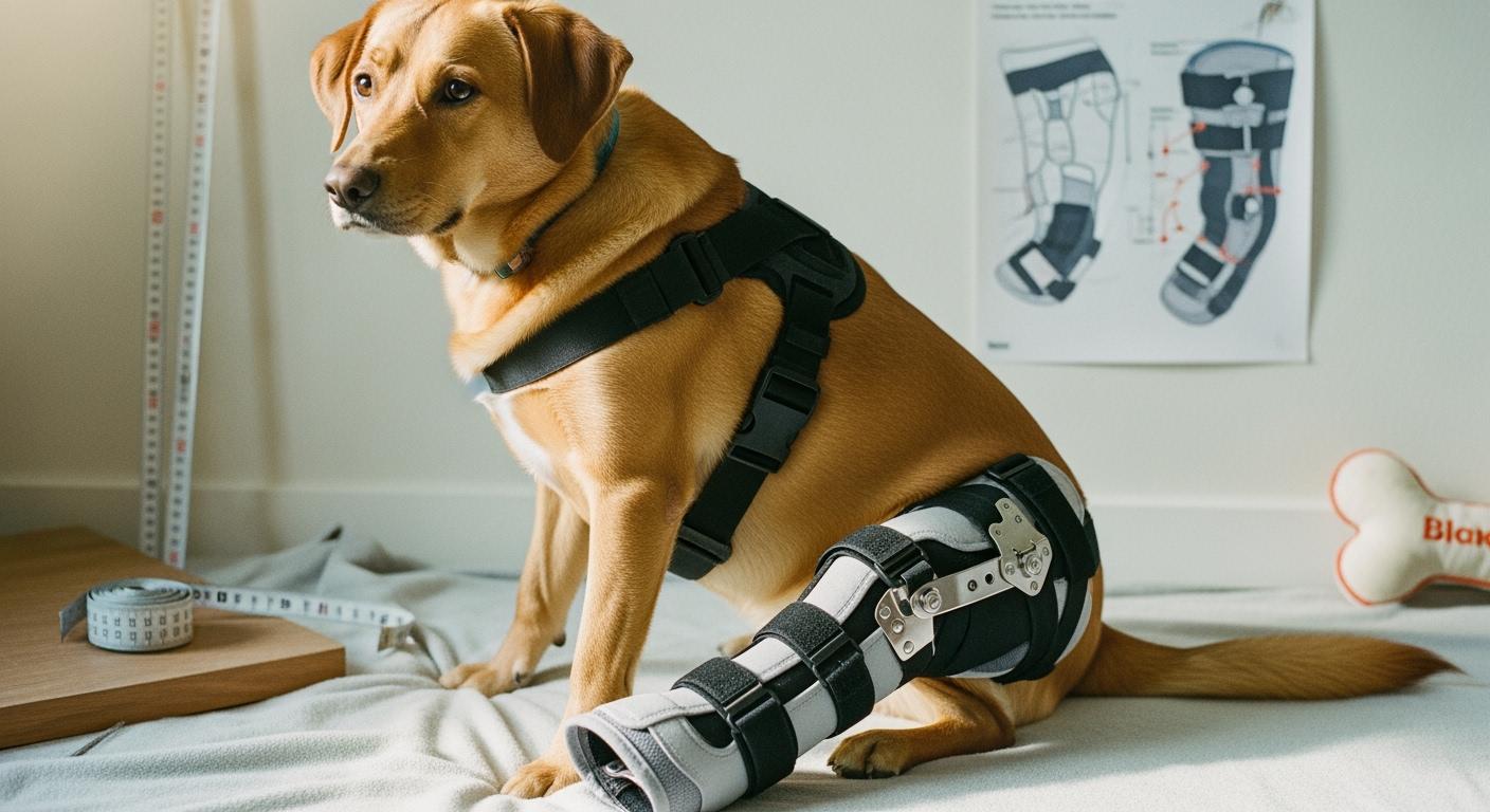 Post-surgical dog leg brace showing structural support and strap configuration