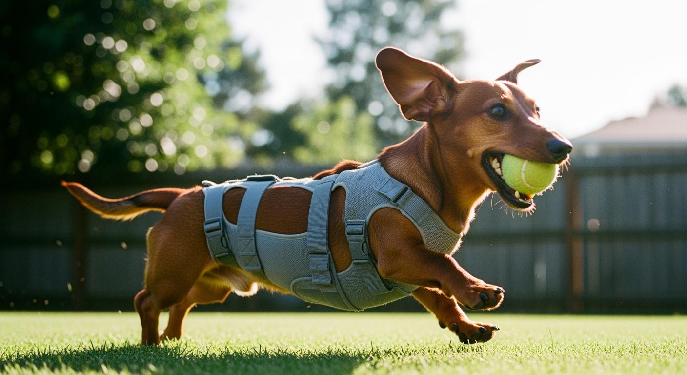 Small dog wearing a back brace with slim profile fit