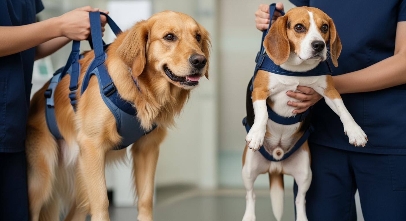 Dog standing with full-body support harness