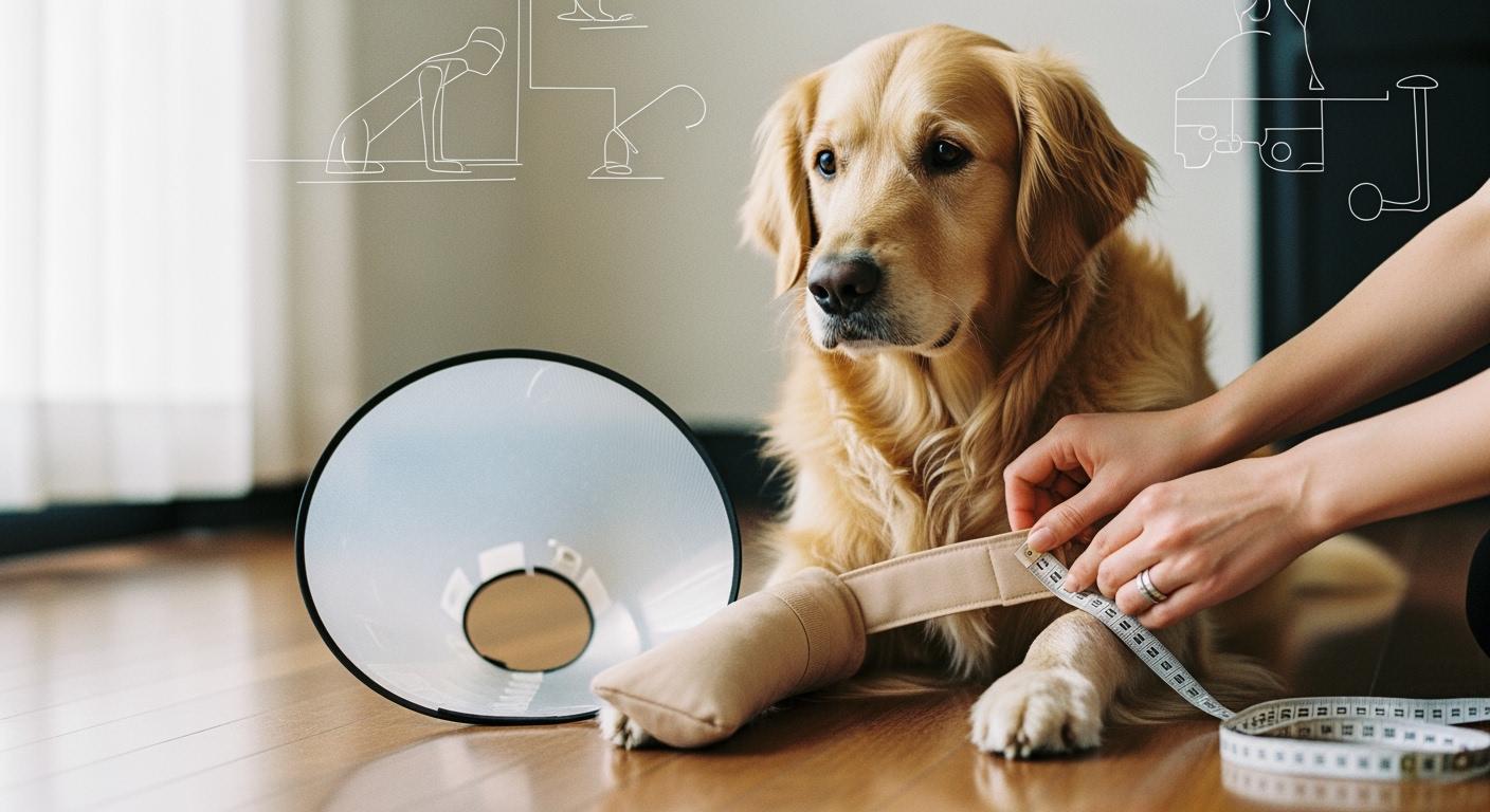 Dog wearing a recovery sleeve standing indoors