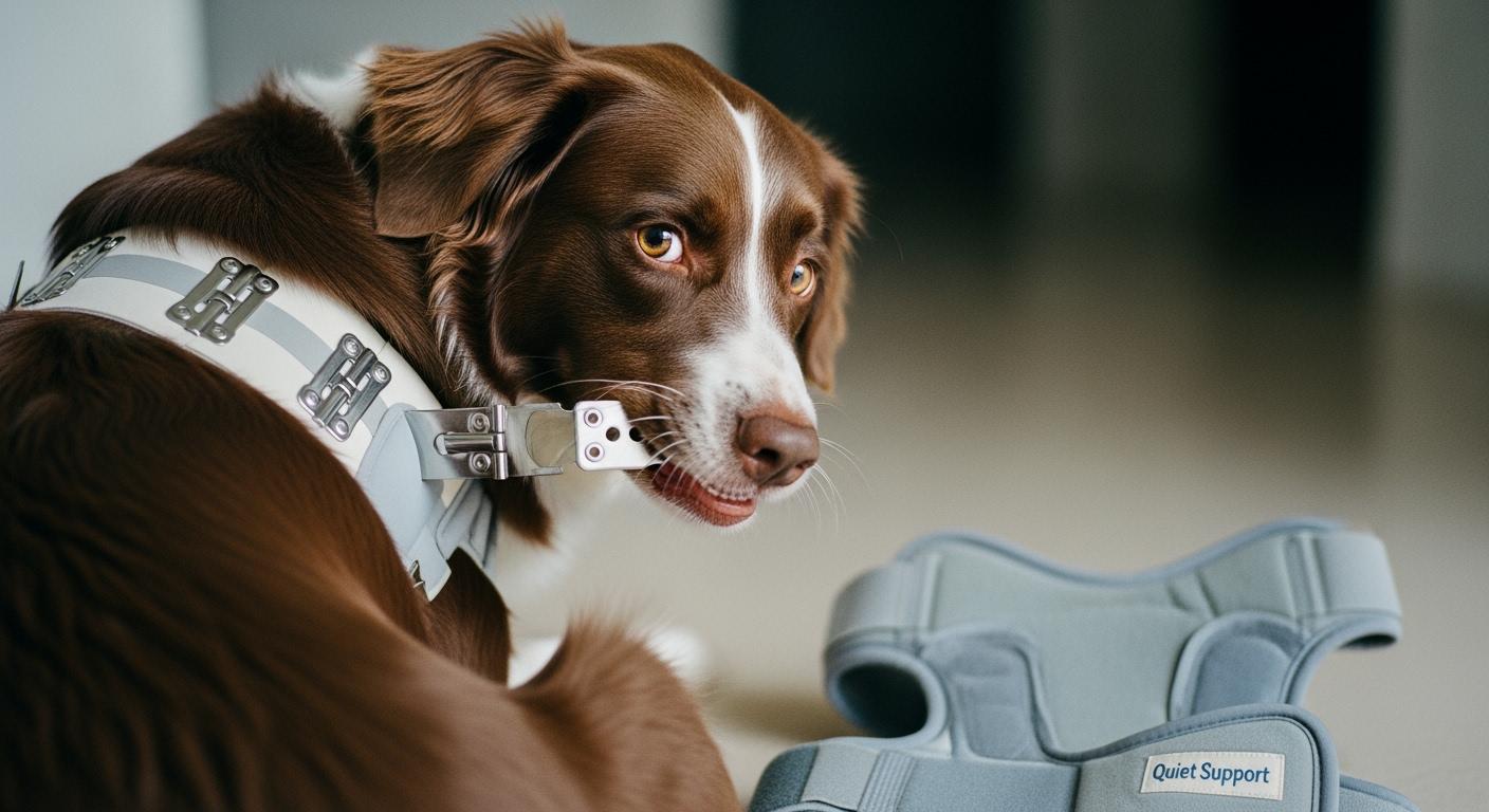 Dog wearing a back brace during a quiet-room mobility check