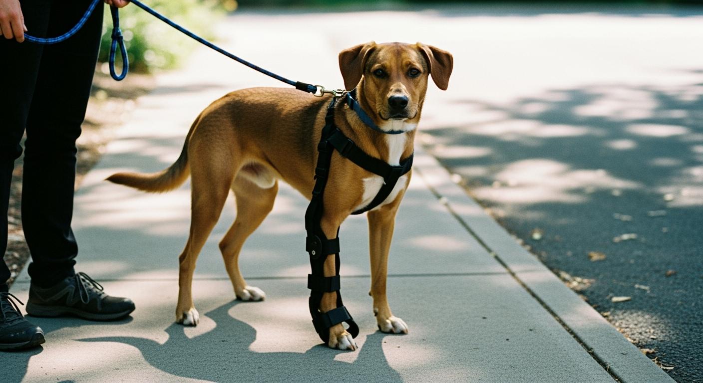 Rear-leg ACL brace on a dog during outdoor use