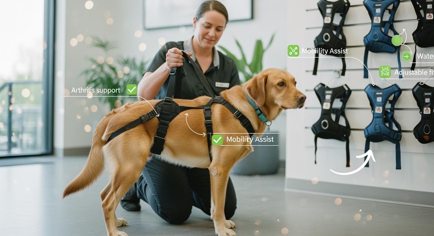 Dog wearing a rear lift harness during assisted mobility