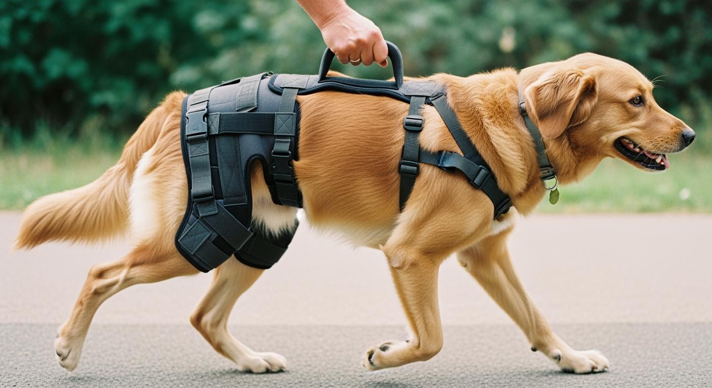 Dog wearing hip support brace with handle during assisted standing