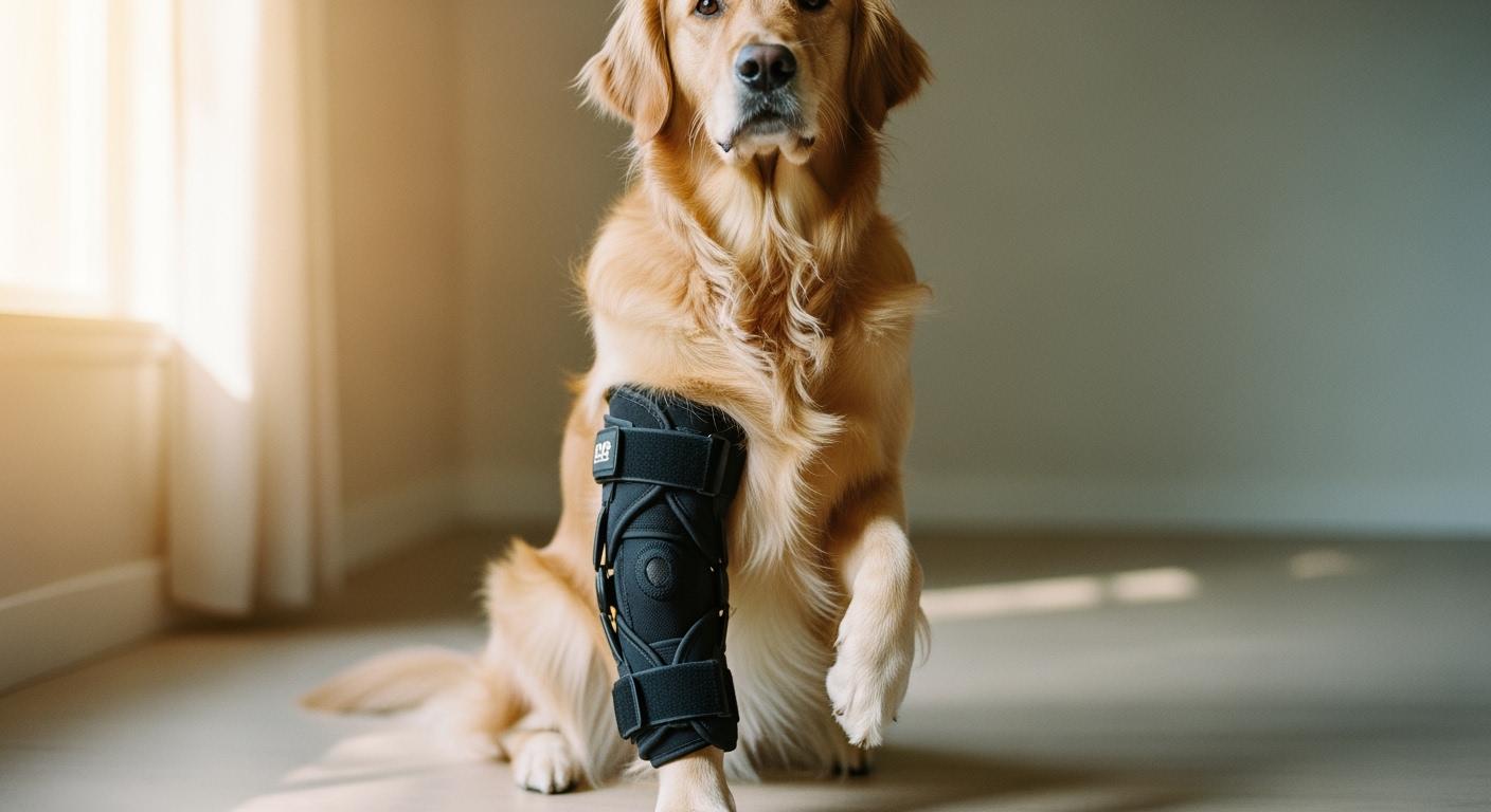 Dog wearing a knee brace during movement assessment