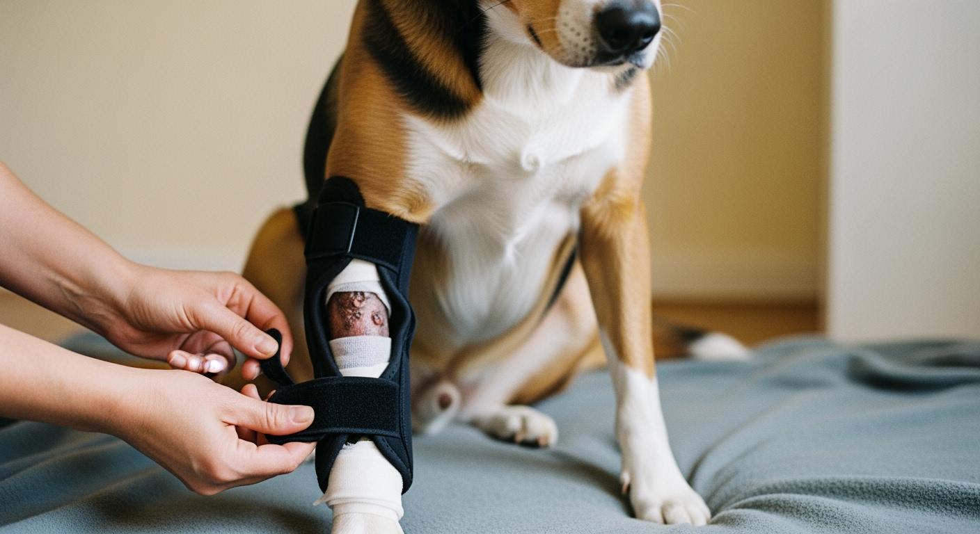 Dog front leg with brace placement near wound area
