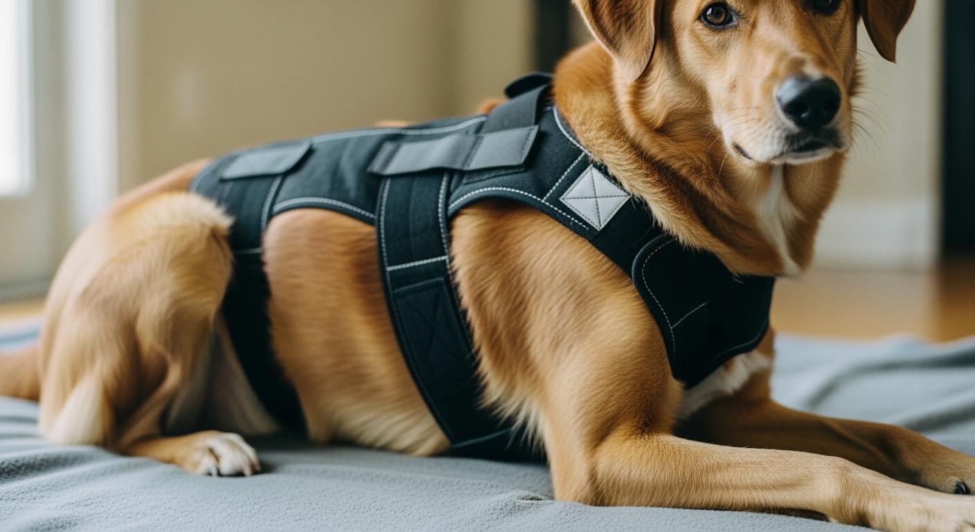 Dog back support brace positioned over shoulder area
