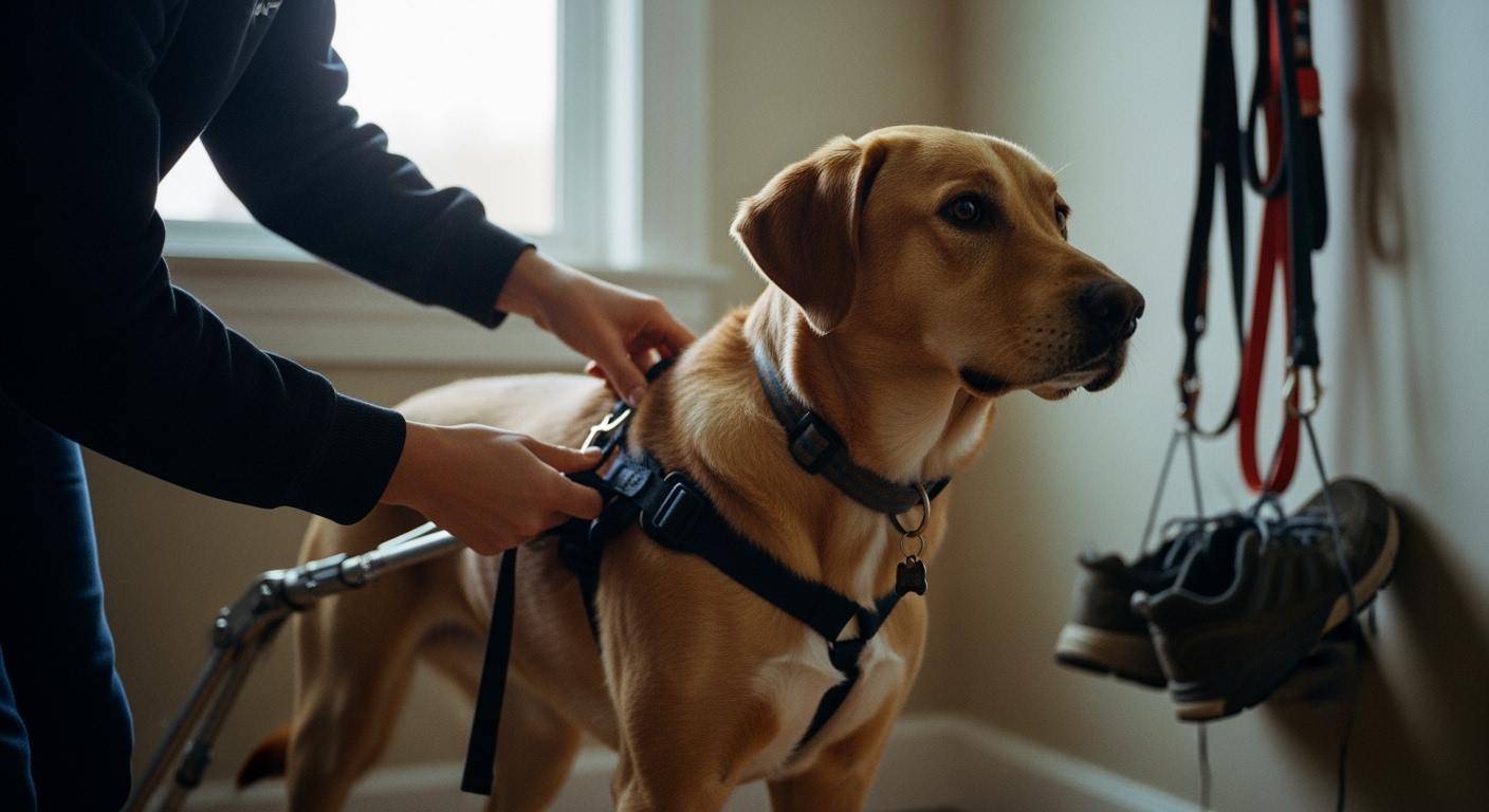 Dog standing with rear lift harness, front legs bearing shifted weight