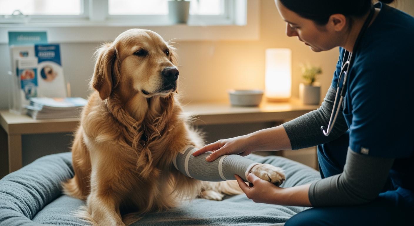 Dog wearing a front-leg anti-lick recovery sleeve