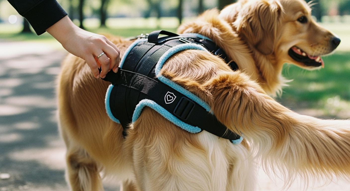 Dog wearing rear support harness during daily movement