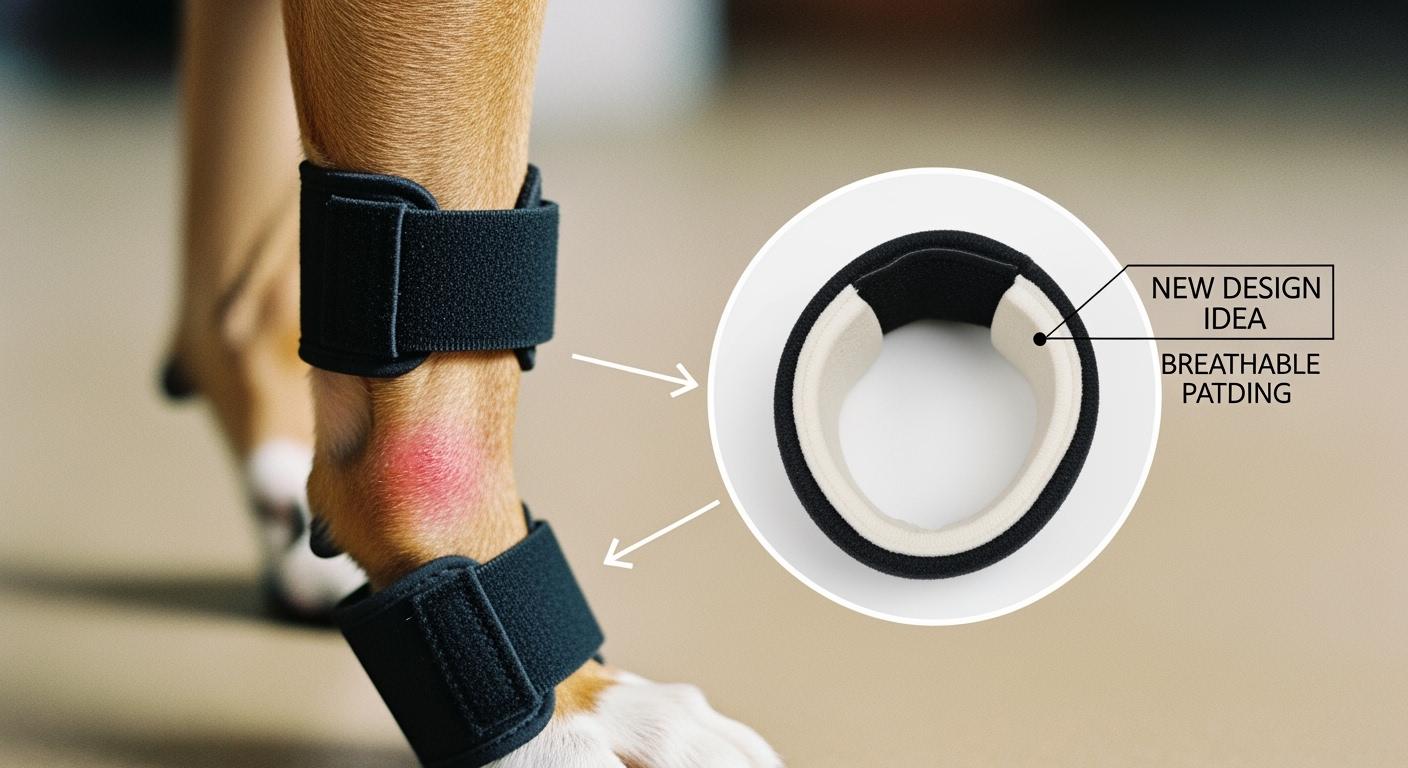 Dog wearing a rear ankle brace with lower strap visible