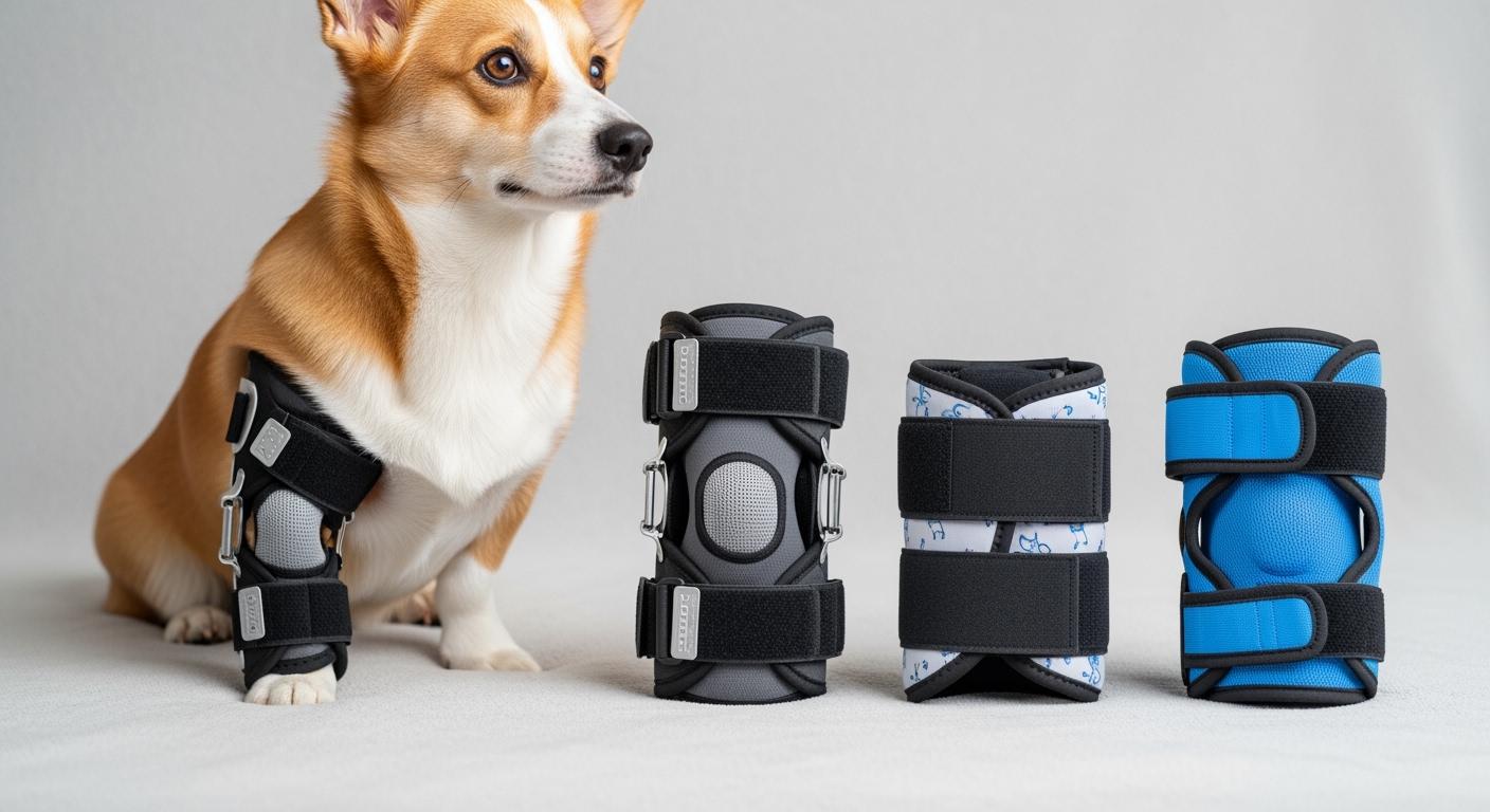 Dog wearing a low-profile custom knee brace fitted for short legs