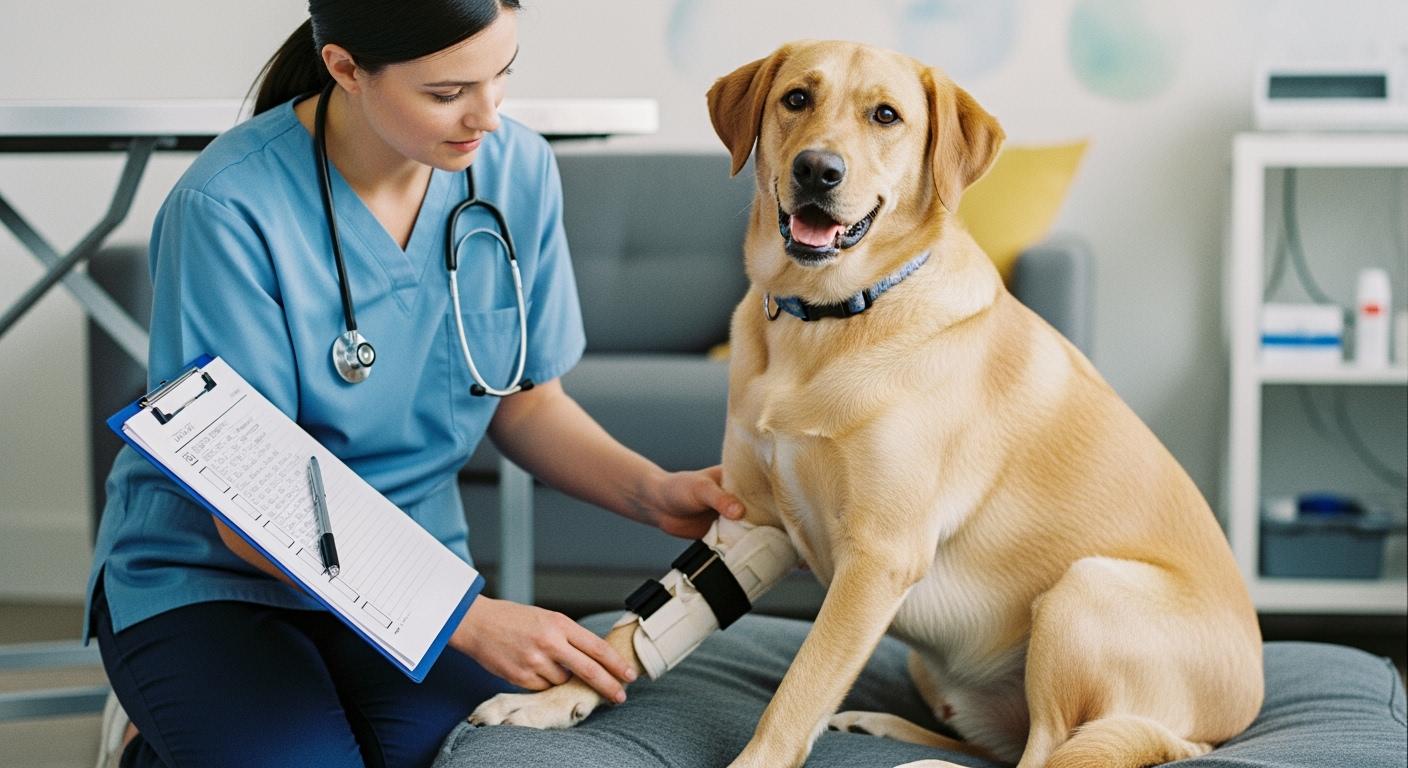 Dog with hind leg joint support brace