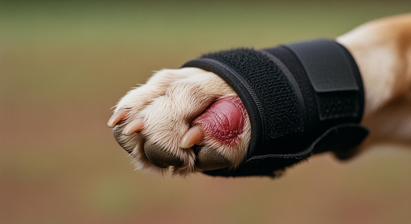 Dog knuckling brace with toe strap fit check on front paw