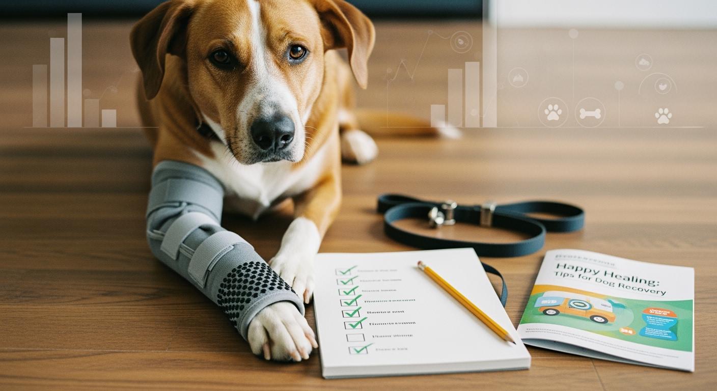 Dog wearing a front leg recovery sleeve while standing