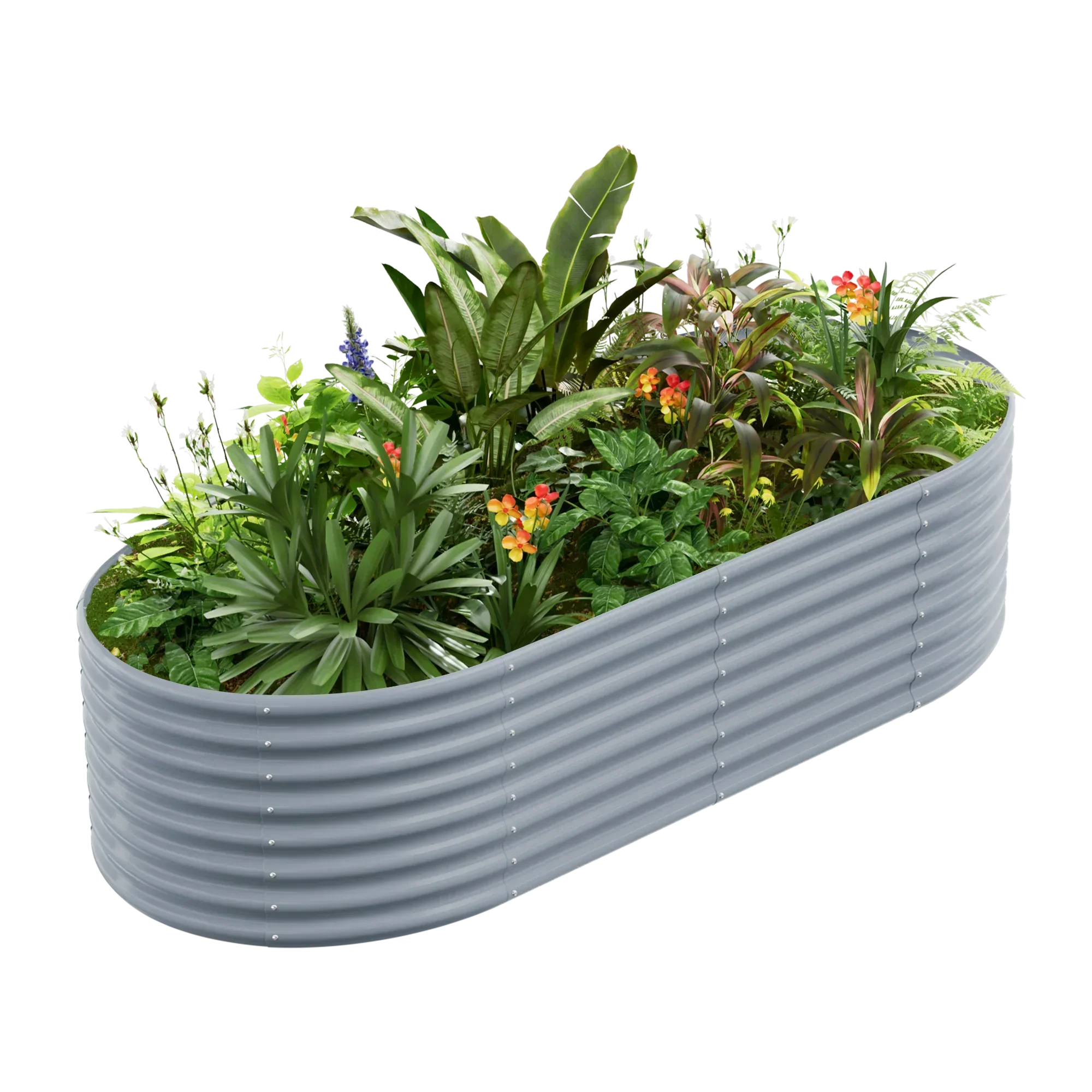 Oval corrugated metal raised garden bed filled with diverse tropical plants and colorful flowering plants