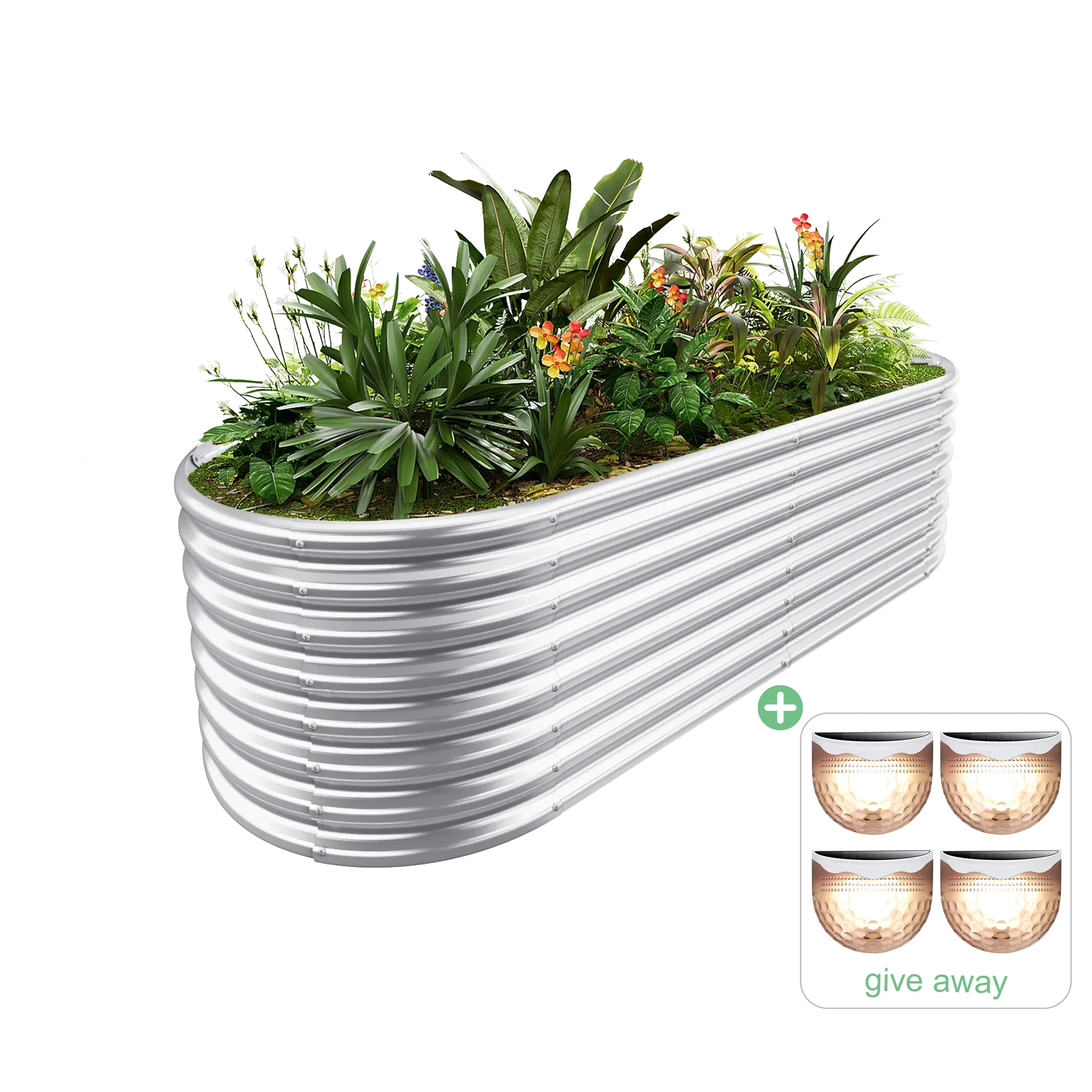 Large oval corrugated metal raised garden bed with assorted plants and flowers, including small decorative planters as accessories.