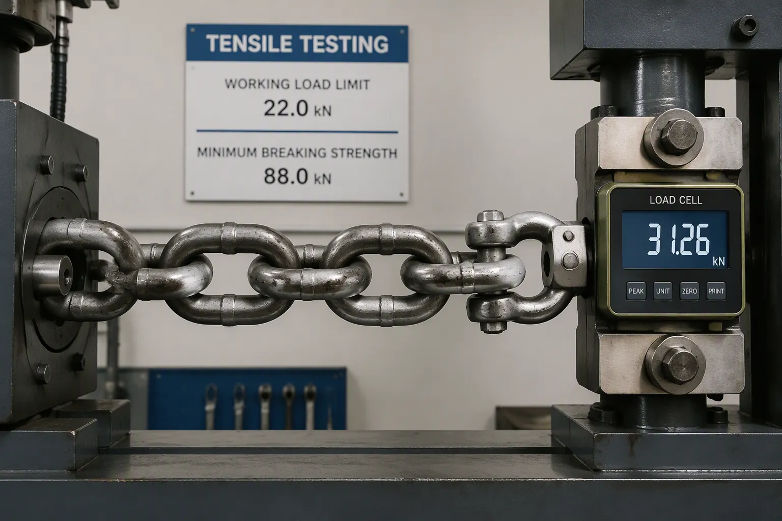tensile test display showing working load limit and minimum breaking strength of a chain